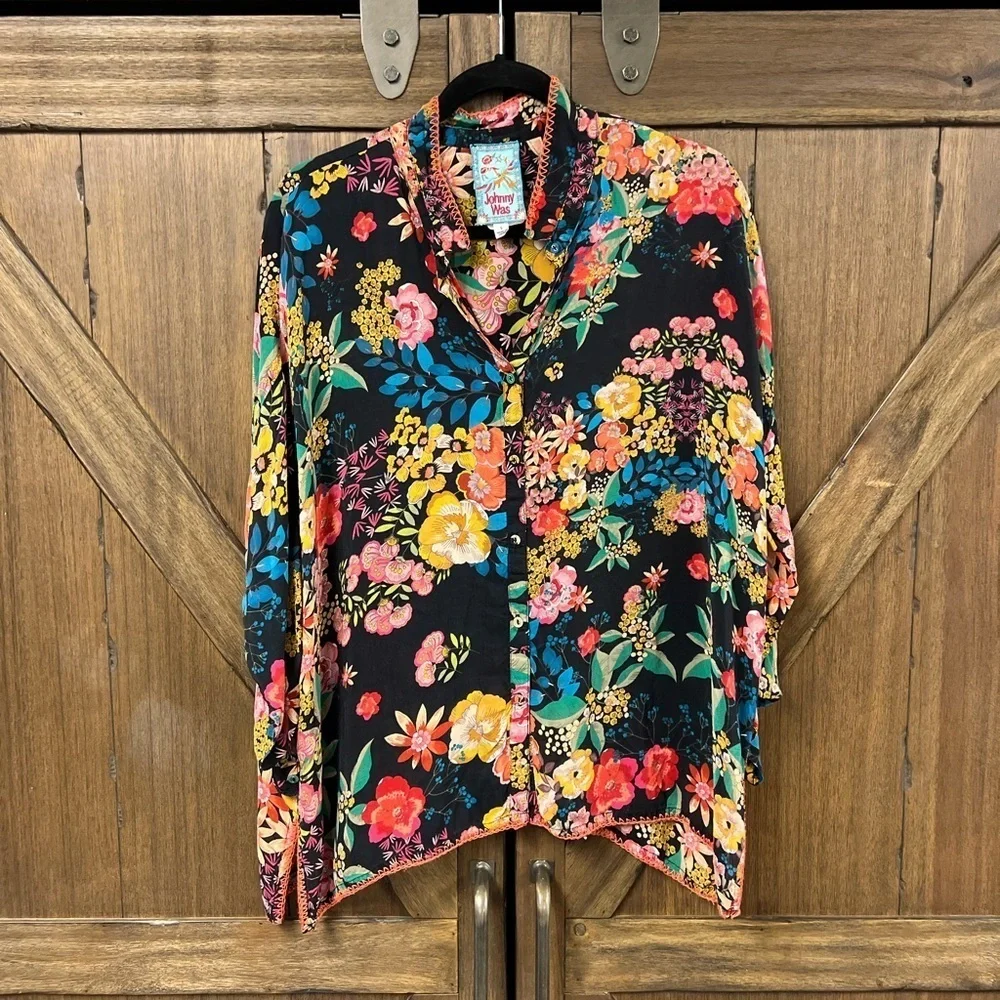 Johnny Was Poppy Floral Button Blouse Long Sleeve Whip Stitch Detail Size Small